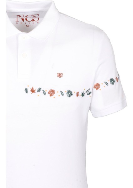 Erkek Polo Yaka Tişört Beyaz Pamuk Slim Fit Ribanalı Kol Nakışlı T-Shirt Ncs Jeans 1169 modelleri