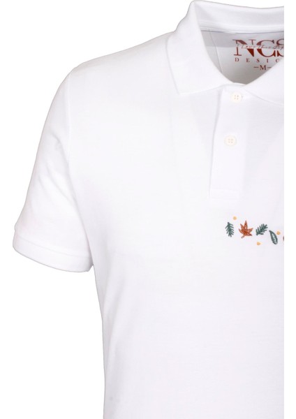 Erkek Polo Yaka Tişört Beyaz Pamuk Slim Fit Ribanalı Kol Nakışlı T-Shirt Ncs Jeans 1169 fırsatları