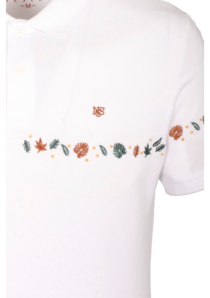 Erkek Polo Yaka Tişört Beyaz Pamuk Slim Fit Ribanalı Kol Nakışlı T-Shirt Ncs Jeans 1169 indirimleri
