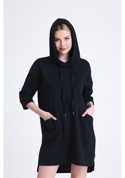 Seul Cep Detaylı Rahat Kesim Oversize Yetim Kol Kapüşonlu Sweat Elbise Hb