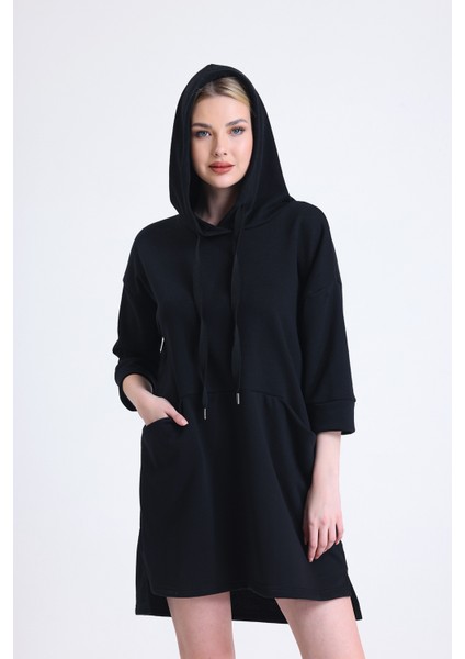 Seul Cep Detaylı Rahat Kesim Oversize Yetim Kol Kapüşonlu Sweat Elbise Hb