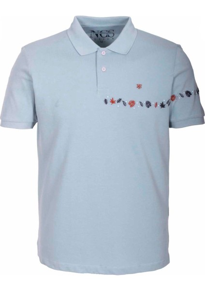 Erkek Polo Yaka Tişört Mavi Pamuk Slim Fit Ribanalı Kol Nakışlı T-Shirt Ncs Jeans 1169
