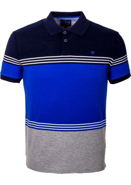 Erkek Polo Yaka Tişört Mavi Pamuk Slim Fit Ribanalı Kol Jakarlı T-Shirt Jeans 1145