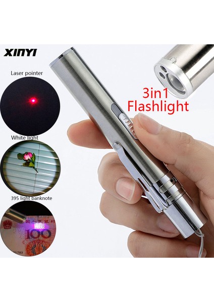 3'ü 1 Arada USB Şarj Edilebilir LED El Feneri / Güçlü Mini LED Torch Su Geçirmez Tasarım Penlight Uv Işık Banknot / Lazer Işaretçi Işığı (Yurt Dışından)