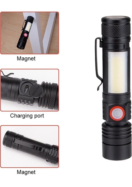 Nxfdsıoz 2x LED El Feneri Su Geçirmez El Feneri Manyetik Torch Zoom T6 + Cob El Feneri Klipsli El Işığı 18650 (Yurt Dışından)