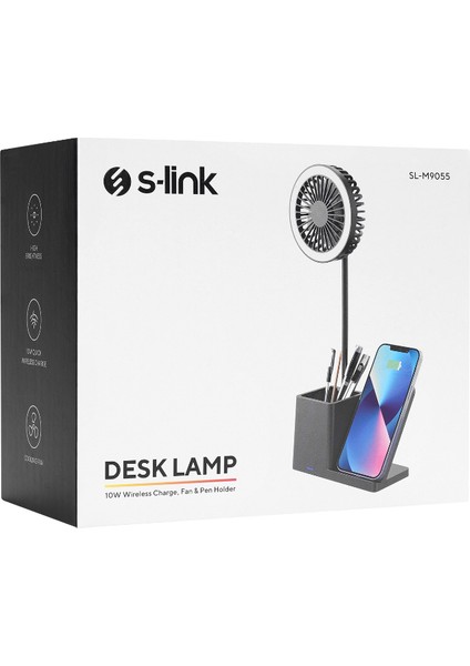 S-Link SL-M9055 Typec 10W Kablosuz Şarj Cihazı Fanlı Kalemlikli Masa Lambası