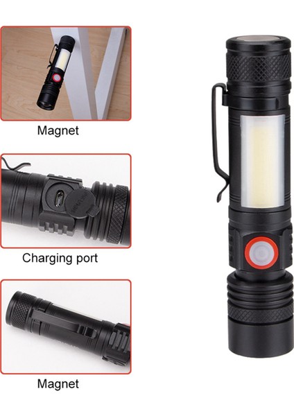 2x LED El Feneri Su Geçirmez El Feneri Manyetik Torch Zoom T6 + Cob El Feneri Klipsli El Işığı 18650 (Yurt Dışından)