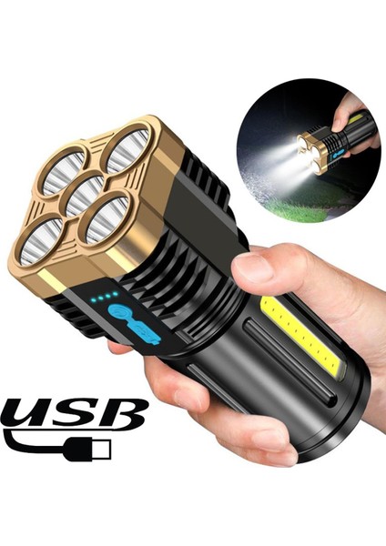 Taşınabilir USB Şarj Edilebilir LED El Feneri Ultra Parlak 4 Modlu Işık LED Taktik El Feneri Su Geçirmez Açık Kamp Çalışma Işığı (Yurt Dışından)