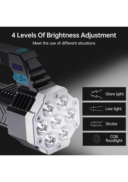 Cob 7 LED El Feneri Güçlü USB Şarj Edilebilir Torch El Taşınabilir Açık Hava Lambası El Feneri Hafif Abs Malzeme (Yurt Dışından)
