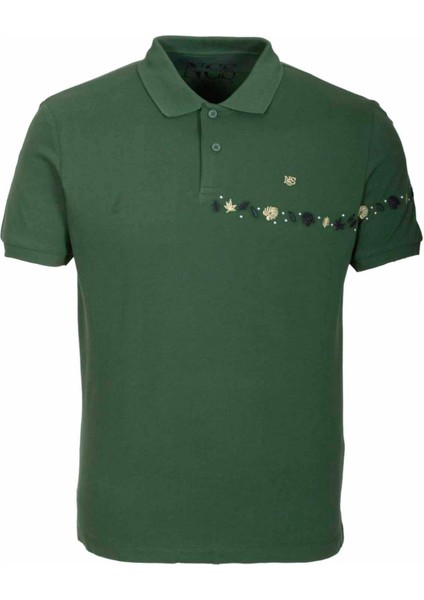 Erkek Polo Yaka Tişört Koyu Yeşil Pamuk Slim Fit Ribanalı Kol Nakışlı T-Shirt Ncs Jeans 1169