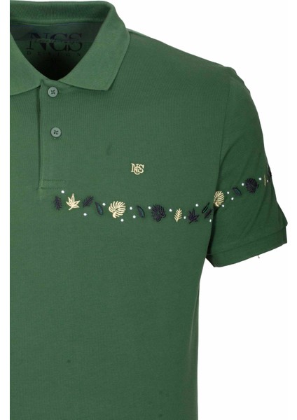 Erkek Polo Yaka Tişört Koyu Yeşil Pamuk Slim Fit Ribanalı Kol Nakışlı T-Shirt Ncs Jeans 1169 modelleri