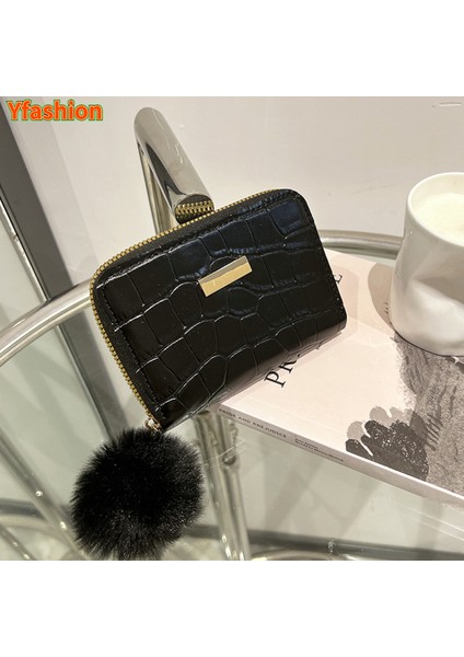 Yfashion Moda Kadın Timsah Desen Cüzdan Peluş Topu ile Rahat Düz Renk Bozuk Para Cüzdanı Pu Deri Fermuar Cüzdan (Yurt Dışından)