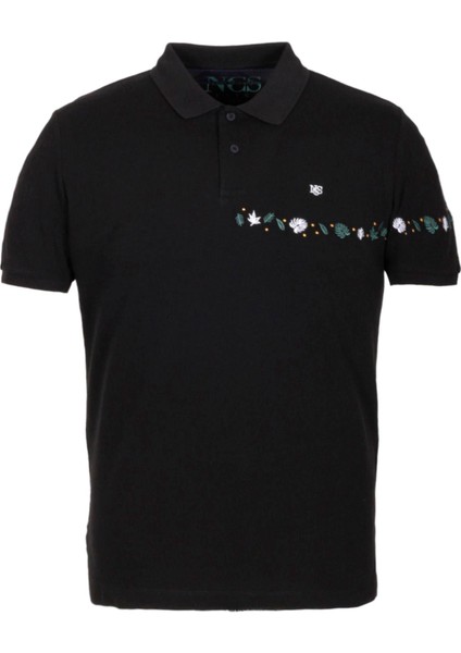 Erkek Polo Yaka Tişört Siyah Pamuk Slim Fit Ribanalı Kol Nakışlı T-Shirt Ncs Jeans 1169