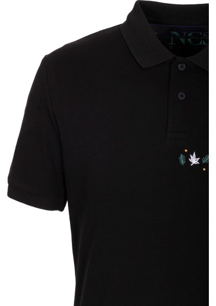Erkek Polo Yaka Tişört Siyah Pamuk Slim Fit Ribanalı Kol Nakışlı T-Shirt Ncs Jeans 1169 modelleri
