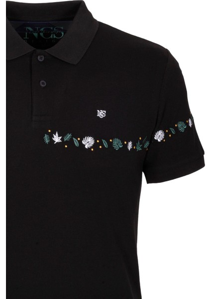 Erkek Polo Yaka Tişört Siyah Pamuk Slim Fit Ribanalı Kol Nakışlı T-Shirt Ncs Jeans 1169 fırsatları