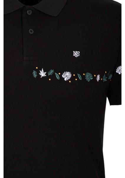 Erkek Polo Yaka Tişört Siyah Pamuk Slim Fit Ribanalı Kol Nakışlı T-Shirt Ncs Jeans 1169 indirimleri