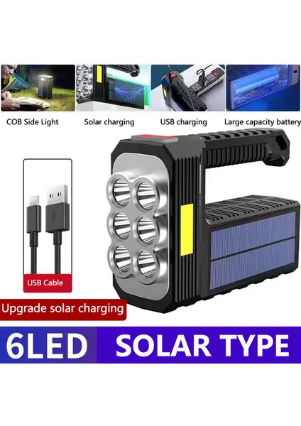 2022 Yeni Güneş Şarj Edilebilir USB Güçlü Işık El Feneri Süper Parlak 8 Kafa LED El Feneri Taşınabilir Projektör (Yurt Dışından)