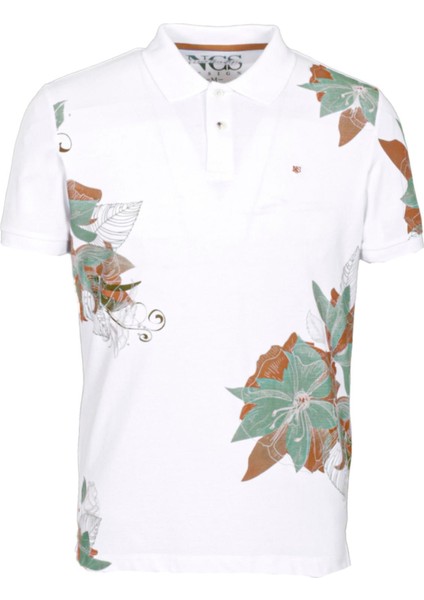 Erkek Polo Yaka Tişört Beyaz Pamuk Slim Fit Ribana'lı Kol Floral Desenli T-Shirt Ncs Jeans 1189