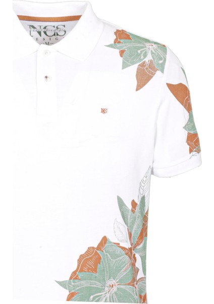 Erkek Polo Yaka Tişört Beyaz Pamuk Slim Fit Ribana'lı Kol Floral Desenli T-Shirt Ncs Jeans 1189 modelleri