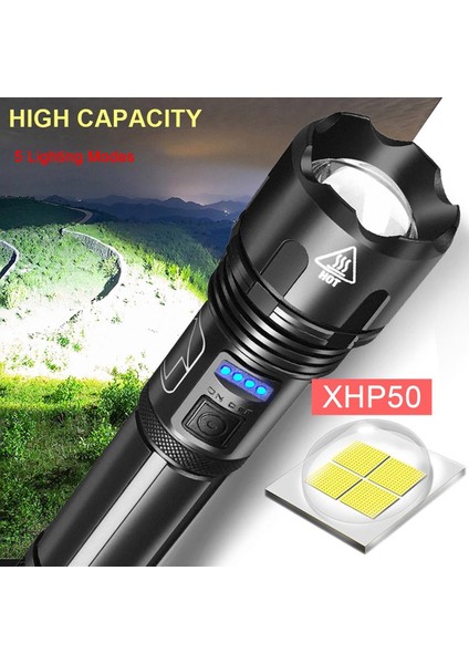 XHP50 Torch USB Şarj Edilebilir El Feneri Süper Güçlü LED El Feneri Taktik Torch USB Şarj Edilebilir Su Geçirmez Lamba (Yurt Dışından)