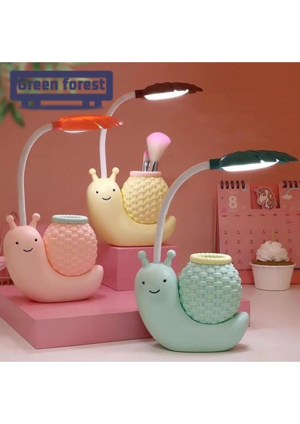 Yeşil Orman LED Başucu Lambası Şarj Edilebilir 2'si 1 Arada Karikatür Salyangoz Kalem Tutucu ile LED Masa Lambası (Yurt Dışından)