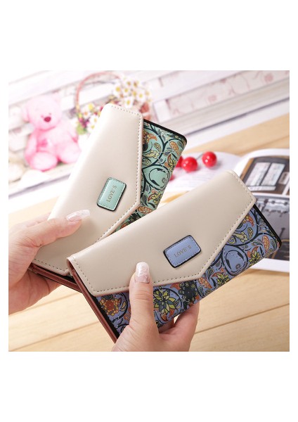 Bileklik Moda Zarf Kadın Cüzdan Hit Renk 3 Kat Çiçekler Baskı Pu Deri Cüzdan Uzun Bayanlar Debriyaj Para Telefon Çanta (Yurt Dışından)