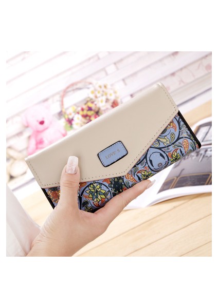Bileklik Moda Zarf Kadın Cüzdan Hit Renk 3 Kat Çiçekler Baskı Pu Deri Cüzdan Uzun Bayanlar Debriyaj Para Telefon Çanta (Yurt Dışından)