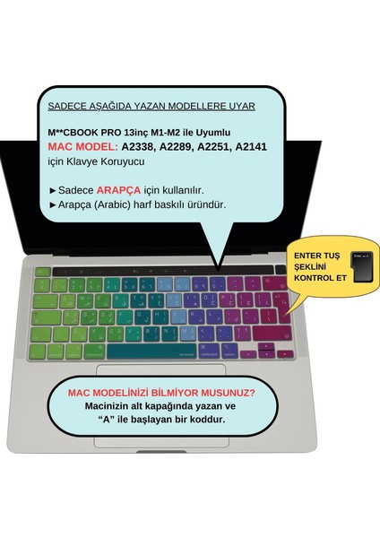 Macbook Pro Klavye Kılıfı 13 inç M1-M2 UK(EU) Arapça Baskı A2338 A2289 A2251 A2141 Uyumlu Dazzle