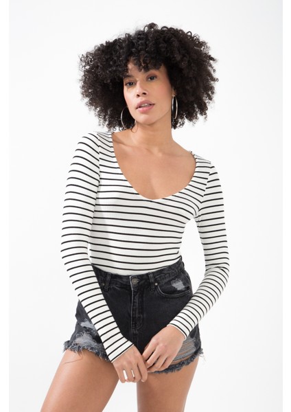 V Yaka Siyah Beyaz Çizgili Çıtçıtlı Uzun Kollu Kaşkorse Bodysuit Zıbın