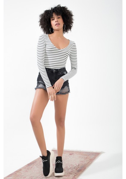 V Yaka Siyah Beyaz Çizgili Çıtçıtlı Uzun Kollu Kaşkorse Bodysuit Zıbın fırsatları