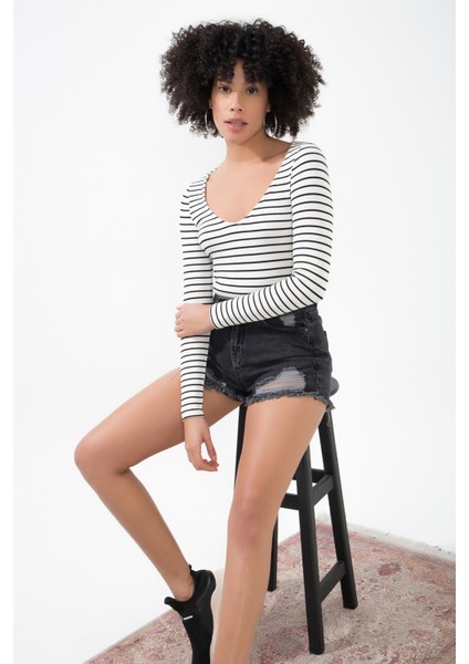 V Yaka Siyah Beyaz Çizgili Çıtçıtlı Uzun Kollu Kaşkorse Bodysuit Zıbın indirimleri