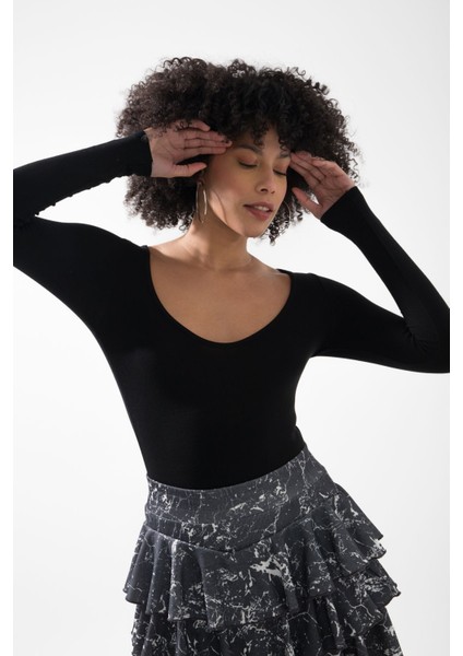 V Yaka Siyah Çıtçıtlı Uzun Kollu Kaşkorse Bodysuit Zıbın