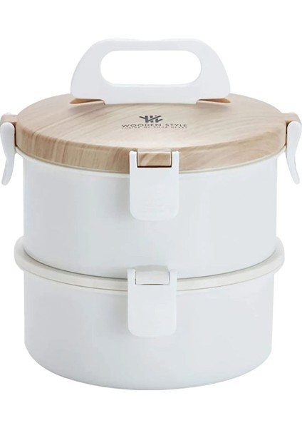 ( Yuvarlak ) Ahşap Desen Lunch Box 1600ML. XC-008 - Beyaz