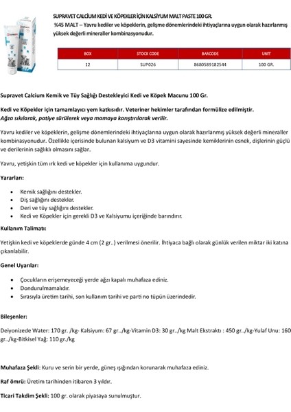 Calcium Kedi ve Köpekler Için Kalsiyum Malt Paste 100GR fiyatları