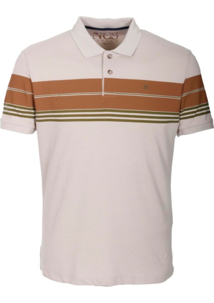 Erkek Polo Yaka Tişört Bej Pamuk Slim Fit Ribanalı Kol Çizgili T-Shirt Ncs Jeans 1167
