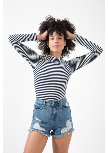 Stripe Yarım Balıkçı Yaka Uzun Kollu Çıtçıtlı Çizgili Bodysuit