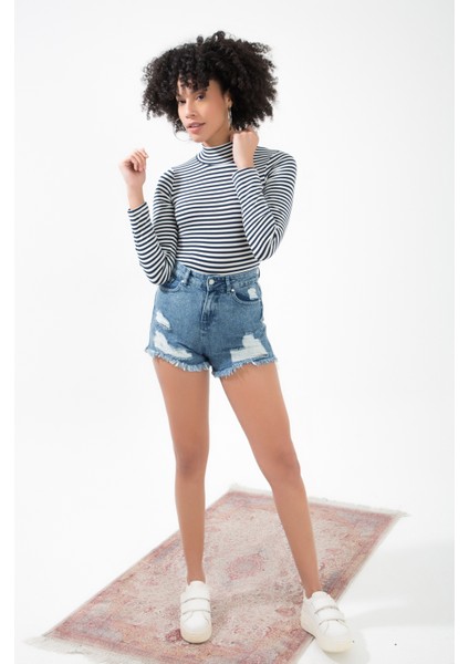 Stripe Yarım Balıkçı Yaka Uzun Kollu Çıtçıtlı Çizgili Bodysuit fiyatları