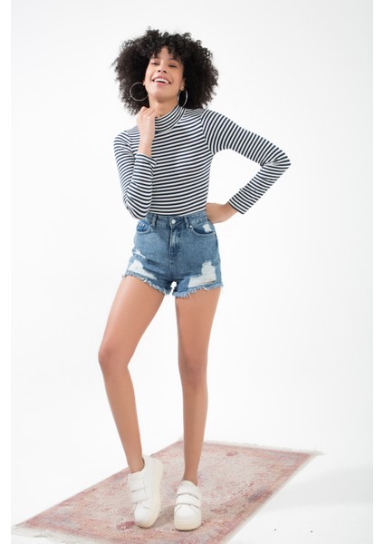 Stripe Yarım Balıkçı Yaka Uzun Kollu Çıtçıtlı Çizgili Bodysuit modelleri