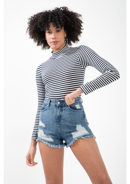 Stripe Yarım Balıkçı Yaka Uzun Kollu Çıtçıtlı Çizgili Bodysuit fırsatları