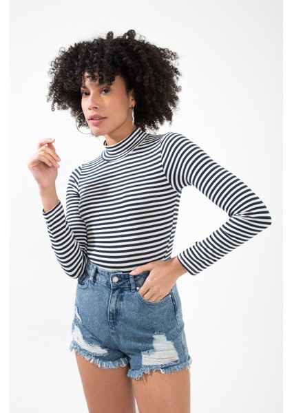 Stripe Yarım Balıkçı Yaka Uzun Kollu Çıtçıtlı Çizgili Bodysuit indirimleri