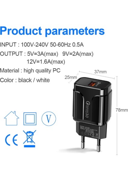 Hızlı Şarj 3.0 Duvar Şarj Cihazı, 18W Qc 3.0 USB Duvar Şarj Adaptörü Hızlı Şarj 9V/2A 5V/3A 12V/1.6A Tablet Telefon Için (Yurt Dışından) modelleri