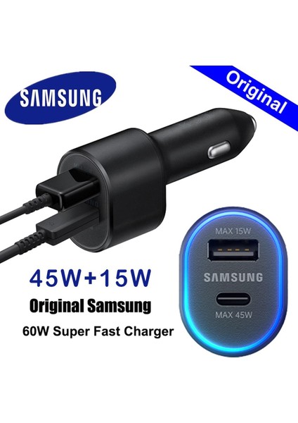 Orijinal 60W Samsung Süper Hızlı Araç Şarj Cihazı Pd USB C Tipi Bağlantı Noktası Oto Cargador 45W Galaxy S22 5g S21 Not 20 10 Z Flip3 A52 M52 (Yurt Dışından)