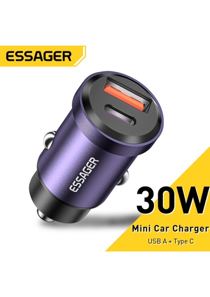 Essager USB Tip C 30W Mini Araç Şarj Cihazı iPhone 14 Samsung Xiaomi Çift Bağlantı Noktalı Hızlı Şarj Pd Quick3.0 Cep Telefonu Şarj Cihazı (Yurt Dışından)