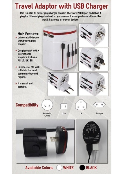 【ayak Izi】 2 USB Şarj Cihazıyla Evrensel Seyahat Adaptörü (Yurt Dışından) modelleri