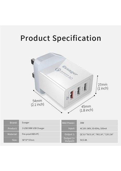 [etop]essager 30W Hızlı Şarj 3.0 USB Şarj Cihazı Qc3.0 Qc Hızlı Şarj Cihazı Çoklu Fiş Duvar Cep Telefonu Şarj Cihazı iPhone Samsung Xiaomi Mi Için (Yurt Dışından) fırsatları