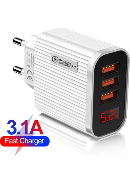 Hızlı Şarj Cihazı 3.0 USB Dijital Ekran Şarj Cihazı Iphone 12 13 Samsung Xiaomi 5 V 3A LED Hızlı Şarj 3 Bağlantı Noktalı Duvar Telefonu Şarj Cihazı (Yurt Dışından)