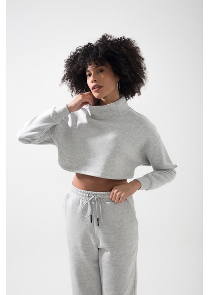 Cool Dik Yaka 3 Iplik Uzun Kollu Crop Sweat Hb