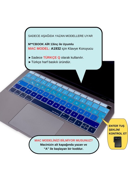 Laptop Macbook Air Klavye Kılıfı Türkçe Q Harf Baskılı A1932 ile Uyumlu Ombre