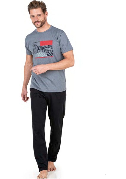 6044 Erkek Kısa Kollu Penye Pijama Takımı-Gri