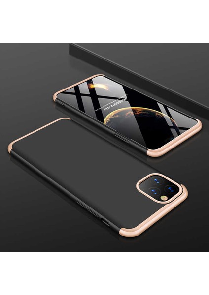 - Apple iPhone 11 Pro - Kılıf Parmak izi Yapmayan 3 Parça Ays Kapak - Siyah-Gold